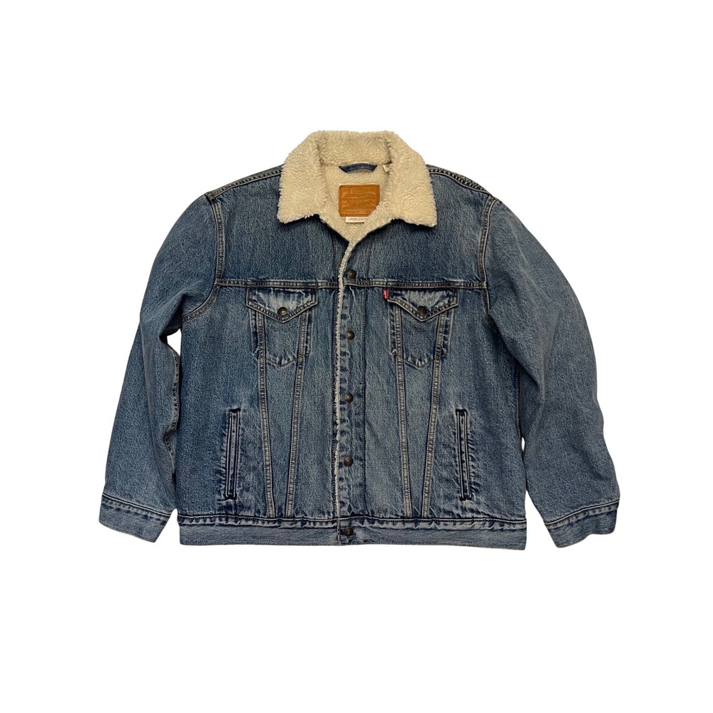 Levis Premium Blue Denim Sherpa Lined‎ Utility Streetwear Trucker Jacket Size L